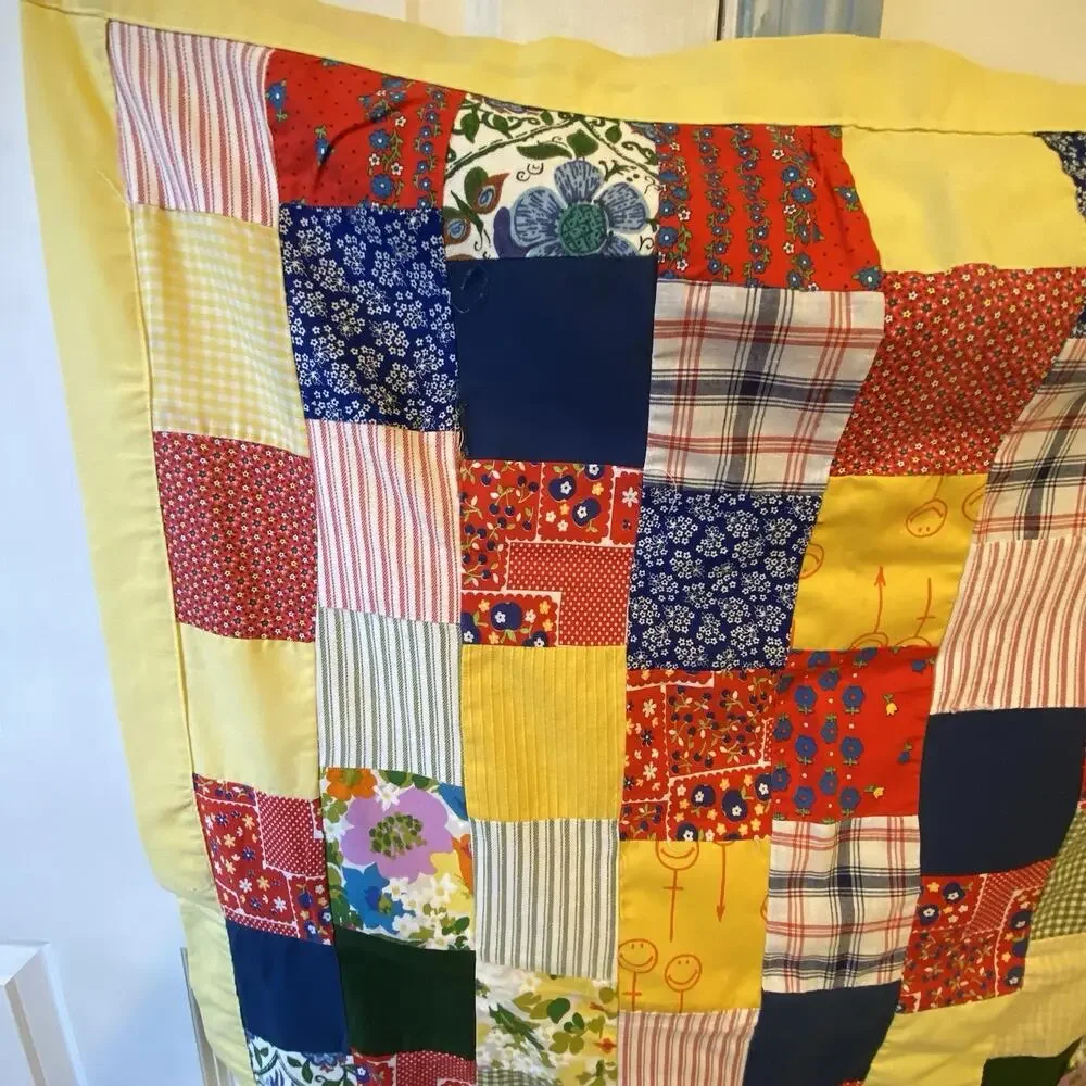 Vintage Handmade Patchwork Baby Blanket Floral Butterflies Colorful W34xL43.5”